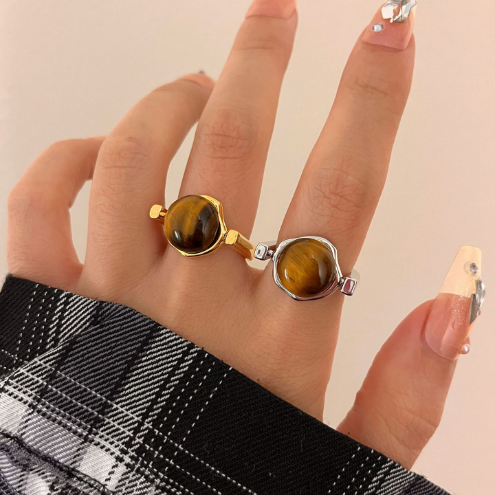 Eye Ring Tiger Design Ring Dainty Alloy Tiger Eye Healing Crystal Tigers Eye Stone Ring Waterproof  Jewelry Natural Stone Tiger Eye Ring For Men Women
