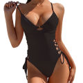 Women Swimsuit Solid Color One Piece Beachwear Padded Underwire Drawstring Swimwear for Swimming.