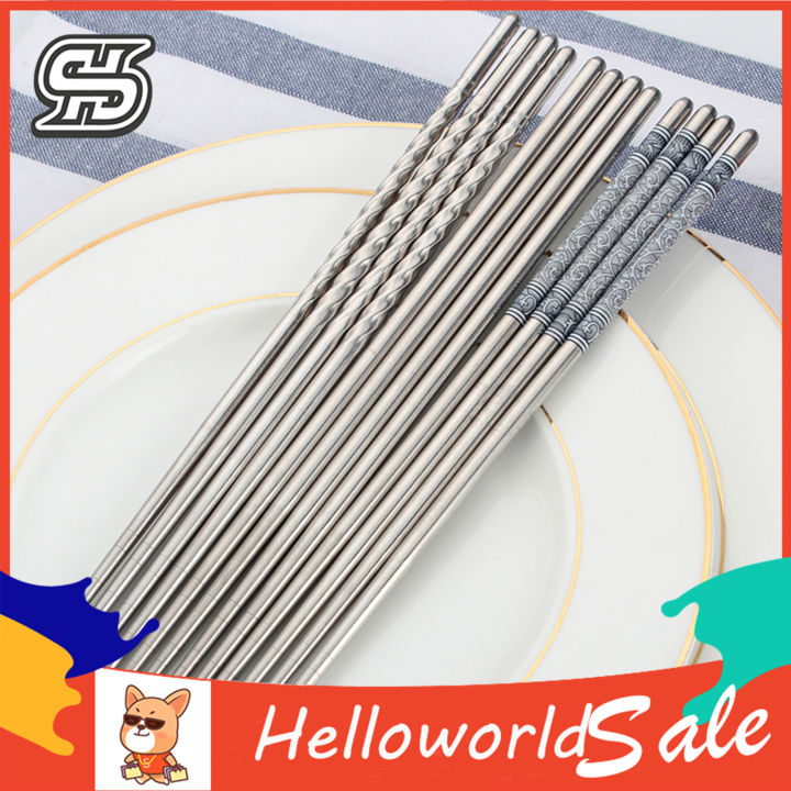 3 Pairs Stainless Steel Reusable Flower Printed Non-slip Chopsticks Tableware