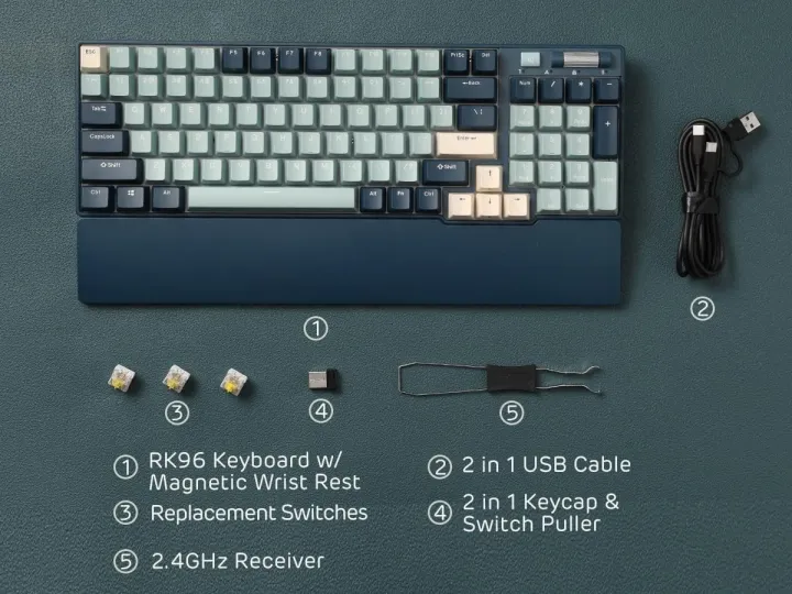 Royal Kludge RK96 Tri Mode RGB Hot Swap Forest Blue Mechanical Gaming Keyboard II plug and play with computer or xbox or console