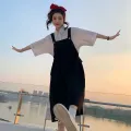 Preppy Style Suspender Skirt Outfit Girls' Summer Korean Style Loose All-Matching Slimming Mid-Length Strap Dress Fashion. 