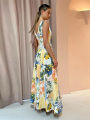 Printed Deep V-neck Dress Women Sleeveless Panelled Female Long A-line Beach Dresses 2023 Summer Street Curved Hem Backless Robe. 