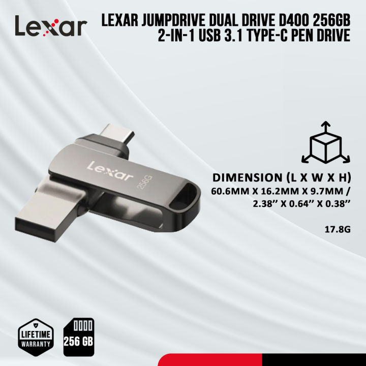 Lexar%20JumpDrive%20Dual%20Drive%20D400%20256GB%202-in-1%20USB%203.1%20Type-C%20Pen%20Drive%20with%20256-bit%20AES%20Encryption%20-%20PC/Android/Mac%20Compatible%20-%20Image%204