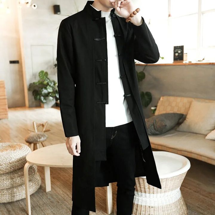 Trench%20Coat%20Men%20two%20Pieces%20Cardigan%20Kimono%20Embroidered%20Coat%20Male%20Long%20Chinese%20Style%20Black%20Loose%20Vintage%20Cotton%20Linen%20Jacket%20-%20Image%204