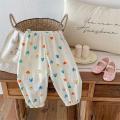Summer New Floral Pants For Girls Thin Cotton Versatile Trousers Toddler Fashion Full Print Casual Loose Mosquito Proof Pants.