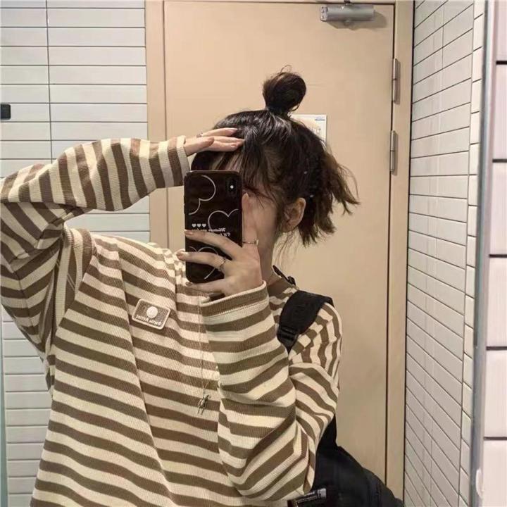 2023Spring and Autumn New Korean Style Loose CasualinsStriped Long SleeveTT-shirt Girls' Design Sense Niche Clothes