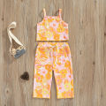 Kids Girl Tanks Tops + Pants, Floral Print Elastic Waist Drawstring Pocket Decoration Summer Clothing. 