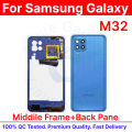 For Samsung Galaxy M32 Side Frame + Back Panel Housing + Camera Glass Back shell Replacement Spare Parts. 