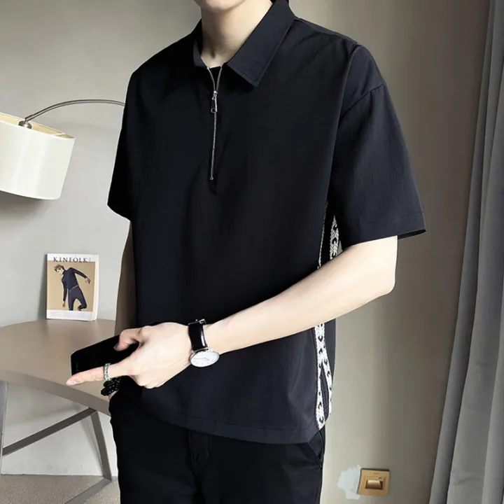 Ribbon%20Half%20ZipperTMen's%20Lapel%20Ice%20Silk%20Short%20SleevePOLOShirt%20Summer%20Korean%20Slim%20Fit%20Men's%20Wear%20Half%20SleeveTT-shirt%20-%20Image%204