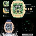 MEGIR Fashion Sport Quartz Watch for Men Waterproof Golden Green Silicone Strap Chronograph Wristwatch with Date Luminous Hands. 