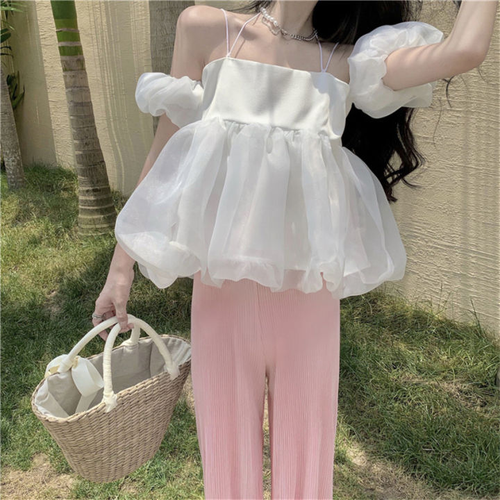 Pure Desire Puff Sleeve Halter Sling Shirt for Women 2023 Summer New Sweet Gentle Short Puffy Yarn Small Shirt