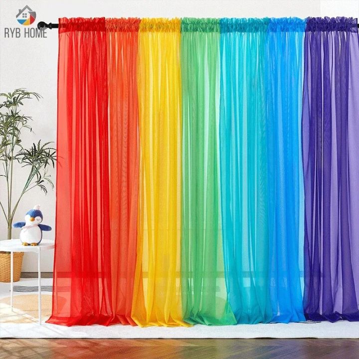 RYBHOME 7Pcs Colorful Rainbow Gradient Sheer Curtains for Living Room Tulle Curtain Drapes Sheer Window Curtains for Party Decor