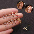 【Hey my home】New Style Stainless Ear Piercing Stud Cz Gecko Moon Cartilage Conch Screw Back Earring. 