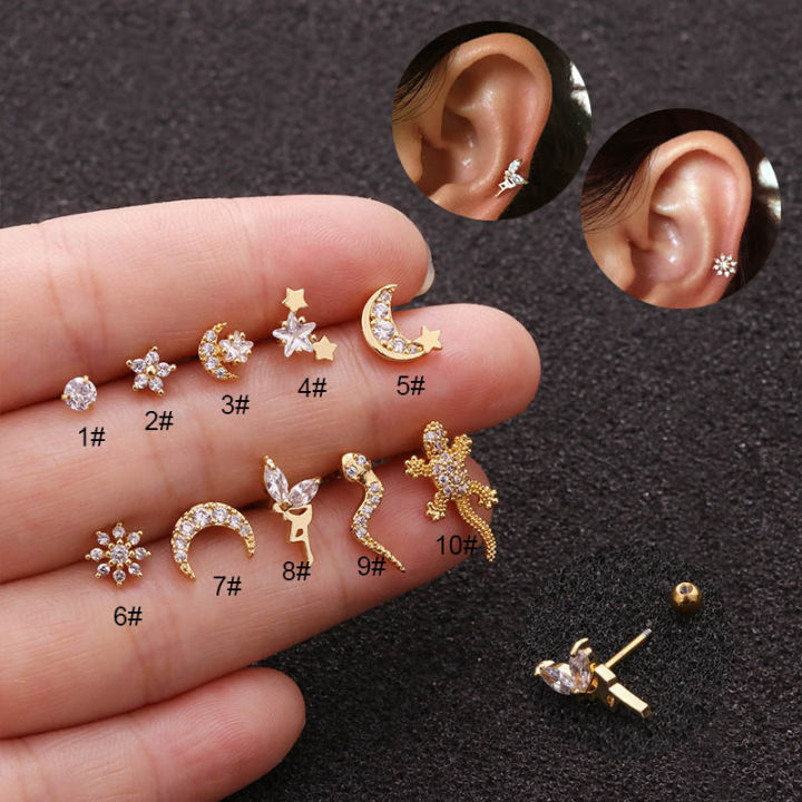 【Hey my home】New Style Stainless Ear Piercing Stud Cz Gecko Moon Cartilage Conch Screw Back Earring