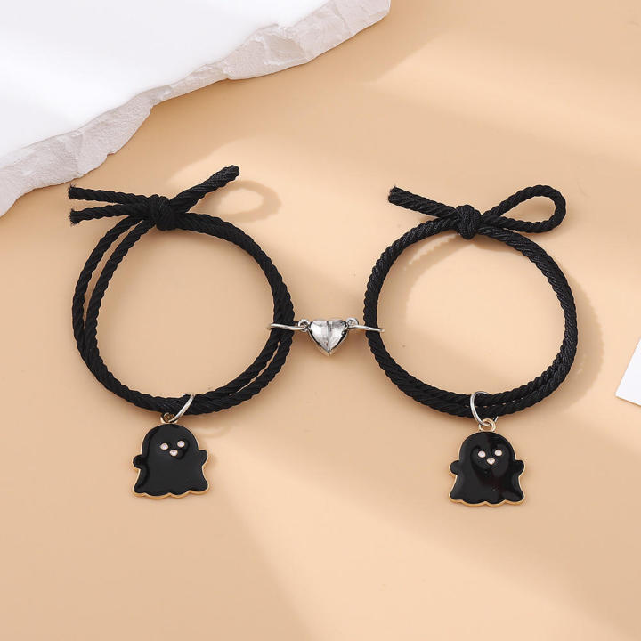 Candy Color Lovers Bracelets 2PCS/set Rope Chains Heart Charm Bracelets love magnet Ghost Charm Bangles for Anniversary Gifts Relationship Jewelry Casual Wear Valentine's Day Friends Accessory
