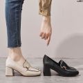 British Style Loafers Pumps Women's New Thick Style 2024 Leather Shoes Genuine Leather Every Night Heel Women's High Heels ﹂. 