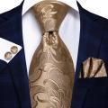 Hi-Tie Gold Striped Paisley Solid Men Silk Wedding Tie Fashion Design Necktie For Men Hanky Cufflink Business Party.