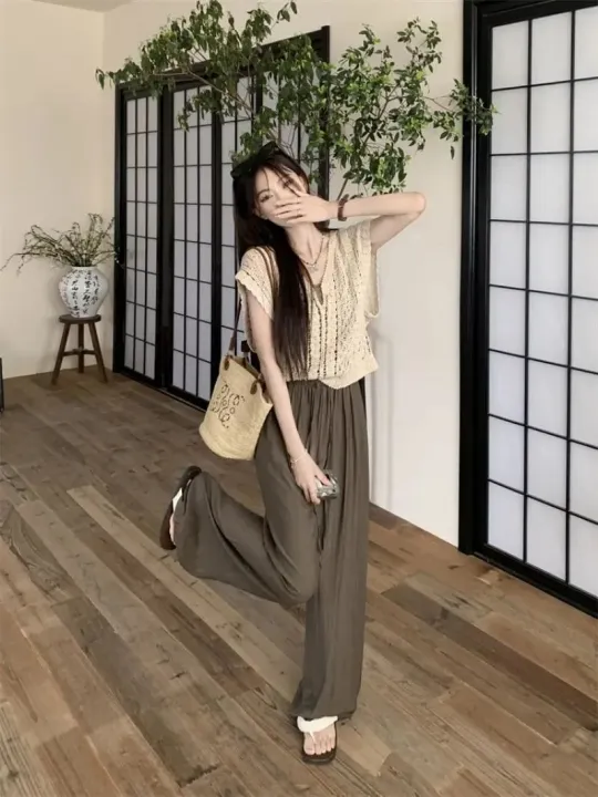 Three-Piece%20Women's%20Clothing%20Summer2023New%20Crocheted%20Hollow-out%20Knitted%20Vest%20Outer%20Wear%20Bandage%20Dress%20Vest%20Casual%20Wide-Leg%20Pants%20-%20Image%203