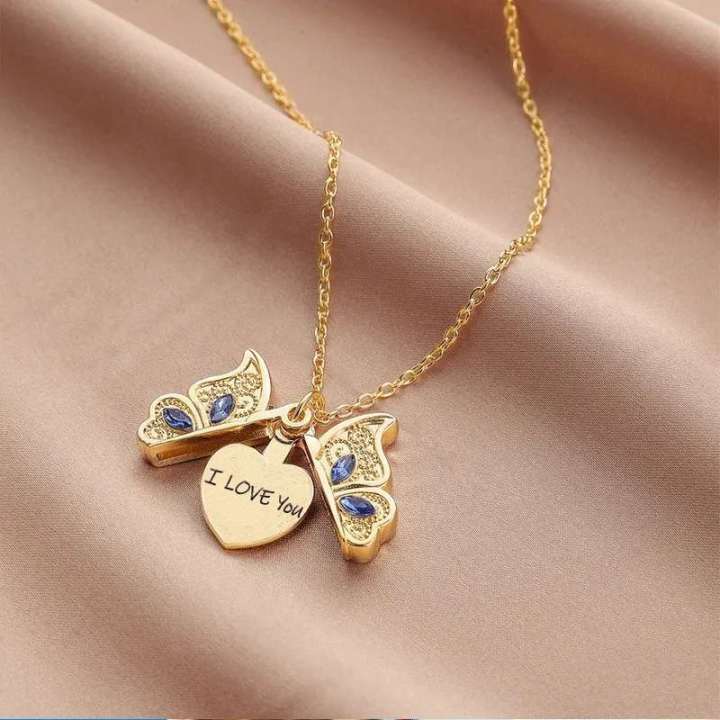 Open Butterfly Pendant Necklace Crystal I Love You Locket Pendant Necklace  Women's Wedding Party Jewelry Gifts