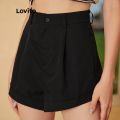 Lovito Casual Plain Basic Flared Leg Shorts for Women L24ED037 (Black). 