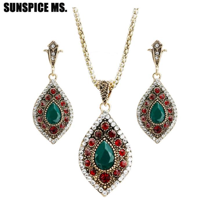 Turkish Vintage Jewelry Sets Water Drop Earrings Resin Necklace