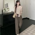 Three-Piece Women's Clothing Summer2023New Crocheted Hollow-out Knitted Vest Outer Wear Bandage Dress Vest Casual Wide-Leg Pants. 