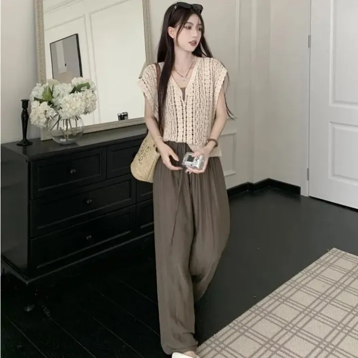 Three-Piece%20Women's%20Clothing%20Summer2023New%20Crocheted%20Hollow-out%20Knitted%20Vest%20Outer%20Wear%20Bandage%20Dress%20Vest%20Casual%20Wide-Leg%20Pants%20-%20Image%204