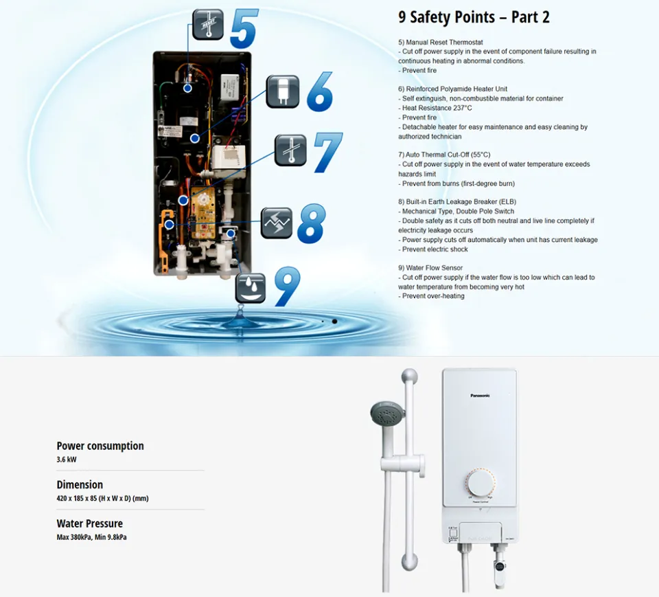 Panasonic DH-3MS1 M Series Instant Water Heater Home Shower Non-Jet Pump