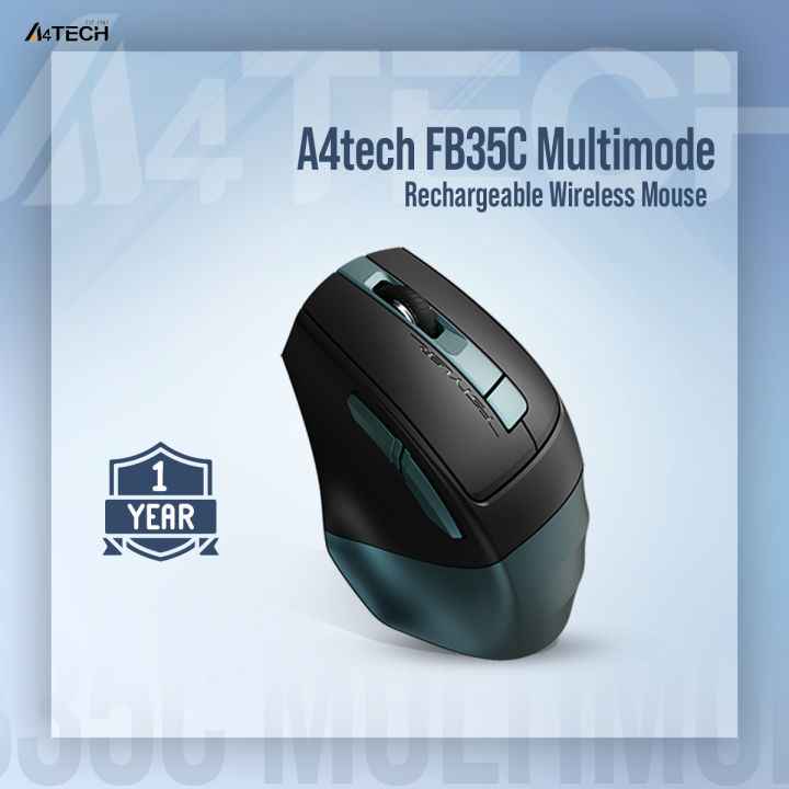 A4tech FB35C Multimode Rechargeable Wireless Mouse - Bluetooth + 2.4G Wireless - Rechargeable Type C - 2400 DPI - Connects 3 Devices - For PC/Laptop/Tablet/Smart TV - Midnight Green/Smokey Grey