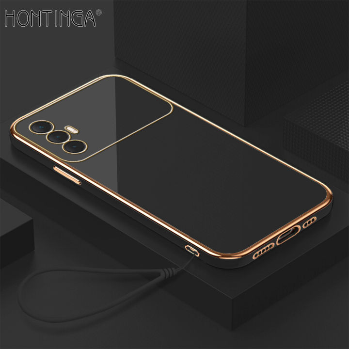 Hontinga for Tecno Spark 8 Pro Back Cover + Free Lanyard Luxury 6D Plating Frame Shiny Bling Case Soft Silicone Square Mobile Cover