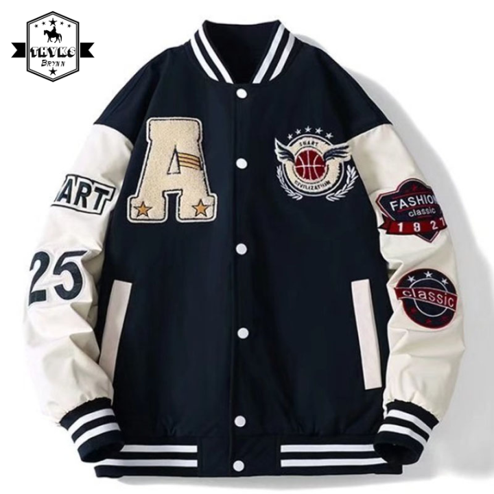 Mens Spring Fall Varsity Jackets Embroidery Korean Fashion Loose Baseball Uniform Couple Blue Retro Leather Sleeve Bomber Coats