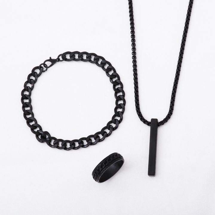 3pcs%20Trendy%20Stainless%20Steel%20Square%20Pendant%20Chain+Bracelet%20+Ring%20for%20Men%20-%20Sleek%20&%20Classic%20Design%20-%20Image%202