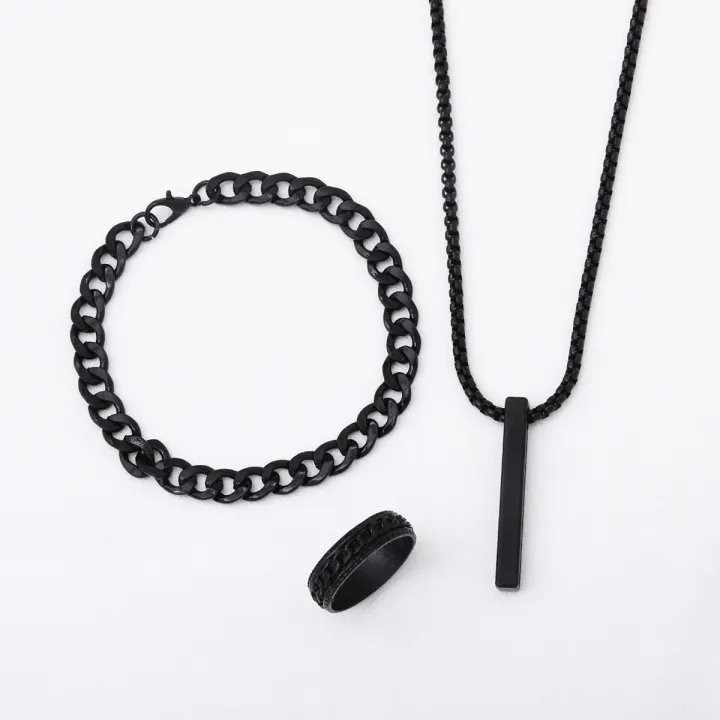 3pcs%20Trendy%20Stainless%20Steel%20Square%20Pendant%20Chain+Bracelet%20+Ring%20for%20Men%20-%20Sleek%20&%20Classic%20Design%20-%20Image%202