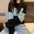 2021 Short Autumn and Winter Color-Block Crew Neck Sweater Women's Loose and Lazy Style All-Matching Striped Long Sleeve Pullover Sweater Fashion. 