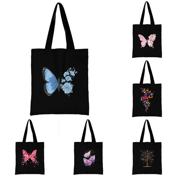 Butterfly%20Print%20Shoulder%20Bags%20Female%20Shopping%20Tote%20Black%20Canvas%20Foldable%20Reusable%20Casual%20Student%20Portable%20School%20Handbag%20Trendy%20-%20Image%202