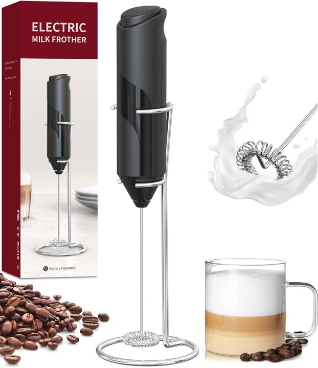 Milk Frother Handheld with Stand, Battery Powered Foam Maker, Whisk Drink Mixer Mini Blender For Coffee, Frappe, Latte, Matcha,  Chocolate (Black)