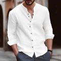 men's cotton linen shirt loose comfortable casual linen young men stand collar solid color shirt. 