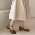 Pearl White All-Match Japanese Leather Shoes Women2023New Summer Low-Cut Chunky Heel French Mary Jane Shoes. 