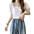 Puff Sleeve T Women's Summer T-shirt 2023 New French Style Design Low round Neck Slim-Fit Slimming Short-Sleeved Student Top. 