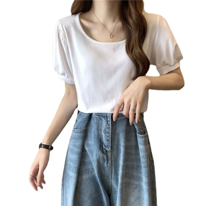 Puff%20Sleeve%20T%20Women's%20Summer%20T-shirt%202024%20New%20French%20Style%20Design%20Low%20round%20Neck%20Slim-Fit%20Slimming%20Short-Sleeved%20Student%20Top%20-%20Image%205