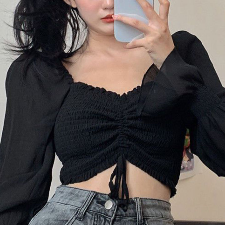 Women%20Smocked%20Crop%20Tops,%20Long%20Puff%20Sleeve%20Off%20Shoulder%20Solid%20Color%20Drawstring%20Shirts%20-%20Image%205