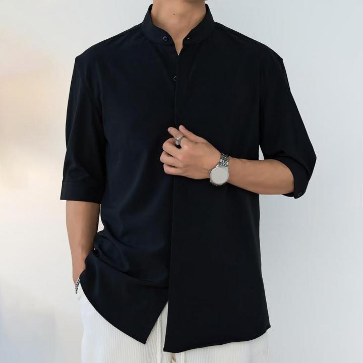 Slim%20Fit%20Stand%20Collar%20Shirt%20Men%20Solid%20Color%20Shirt%20Stylish%20Stand%20Collar%20Men's%20Shirt%20for%20Business%20Commute%20Office%20Slim%20Fit%20Half%20-%20Image%202