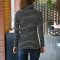 Women Black White Striped Long Sleeve T-Shirt Korean Style Turtleneck Tops. 
