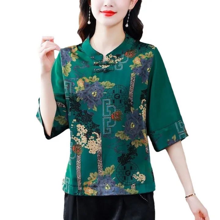 New%20Chinese%20Style%20Chinese%20Knot%20Button%20Shirt%20Women's%20Short-Sleeved%20Summer%20round%20Neck%20Mom's%20Shirt%20Xiang%20Yun%20Printed%20Tang%20Suit%20Upper%20Clothes%20Fashion%20-%20Image%205