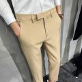 2022 Summer Fashion Mens Dark Green Suit Pants Pure Color Business Occupation Slim Fit Dress Office Ankle Trousers. 