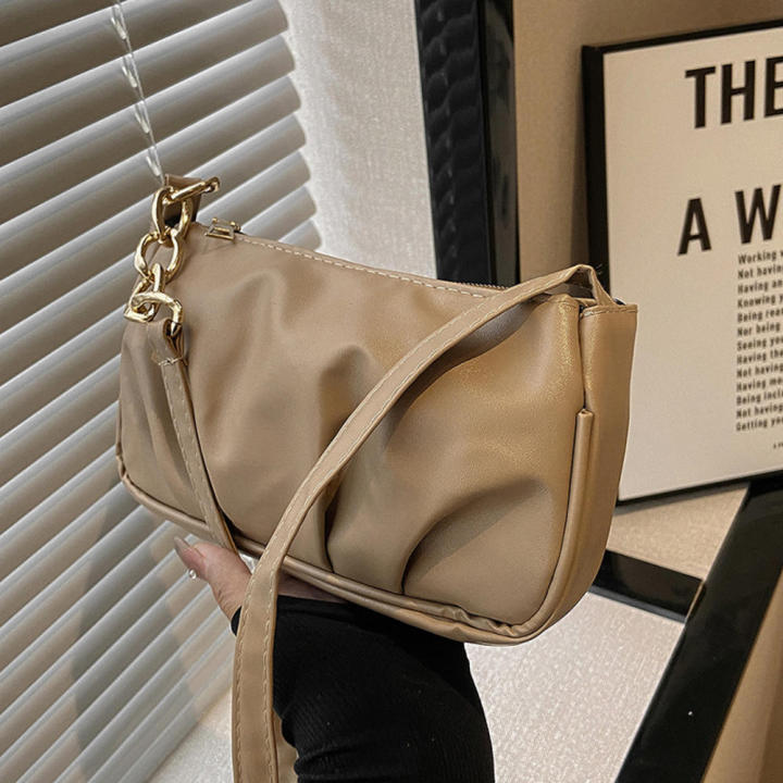 Women's Fashion Handbags Retro Solid Color Pleated Bag PU Leather Shoulder Underarm Bag Casual Women Hobos Handbags