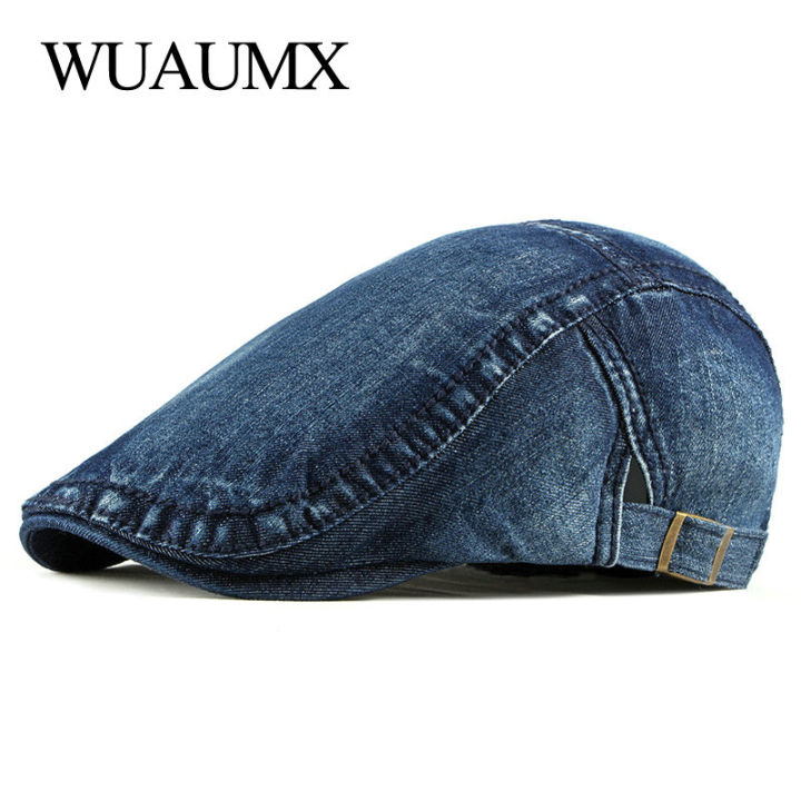 【Shop the Latest Trends】 Alien Wuaumx Simple Washed Denim Berets Hat Men Women Spring Summer Peaked Flat Cap Artist Duckbill Hat Casual Herringbone Newsboy Cap
