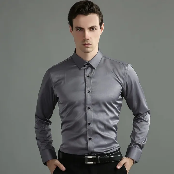 Men's%20Easy%20Care%20Non-iron%20Solid%20Dress%20Shirt%20Slim%20Fit%20Long%20Sleeve%20Male%20Business%20Formal%20Shirt%20Pocketless%20Design%20Stretch%20Shirts%20-%20Image%203