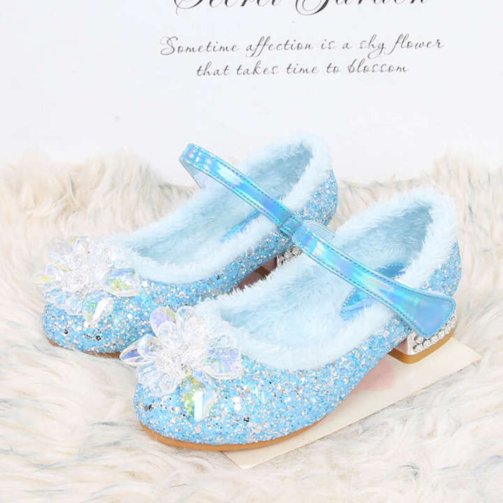Veet Children's High Heels Elsa Princess Winter New Leather Baby Plush Little Girl Crystal Shoes