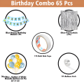 Light Blue Birthday Combo Pack - Including Card Banner, Backdrop Curtains, Metallic Balloons, and Deco Kit - Full Package (65 Pcs).